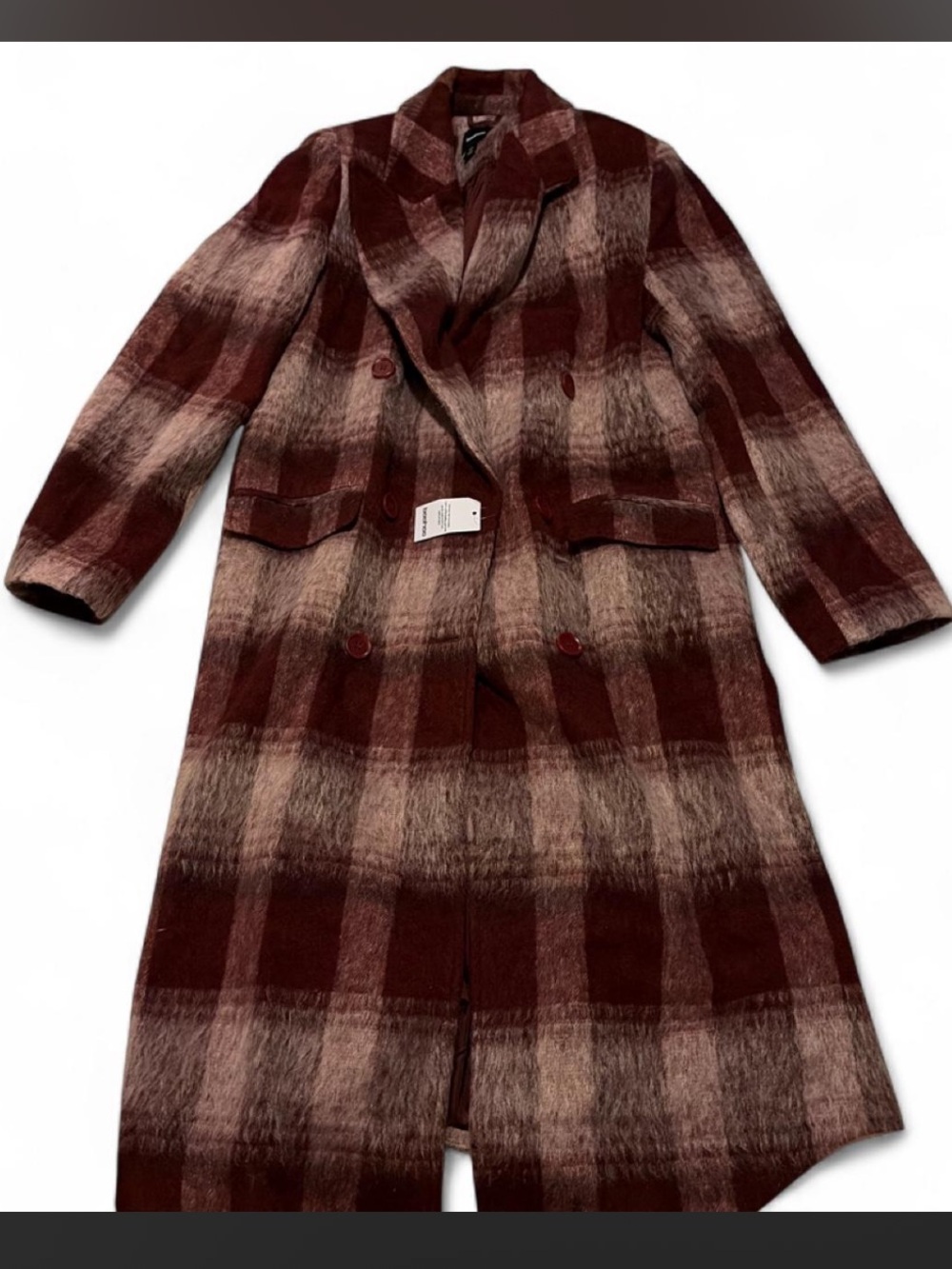Women’s Plaid Long Coat in Burgundy and Taupe